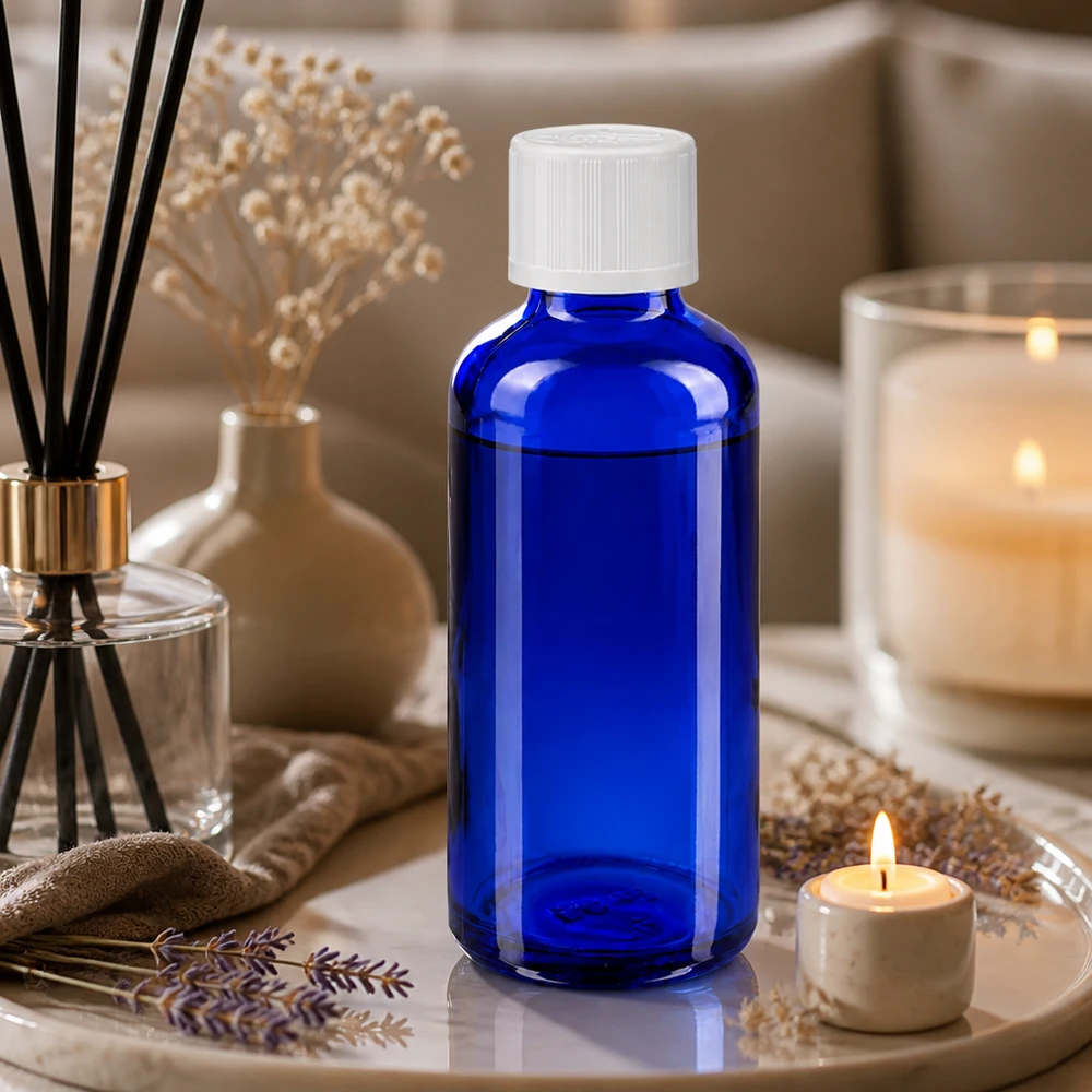 Apothekenflasche blau 50ml Tropfverschluss weiß Kindersicherung Standard Zylindrische 50ml Blauglasflasche mit Tropfer und kindersicherem Verschluss für Naturkosmetik