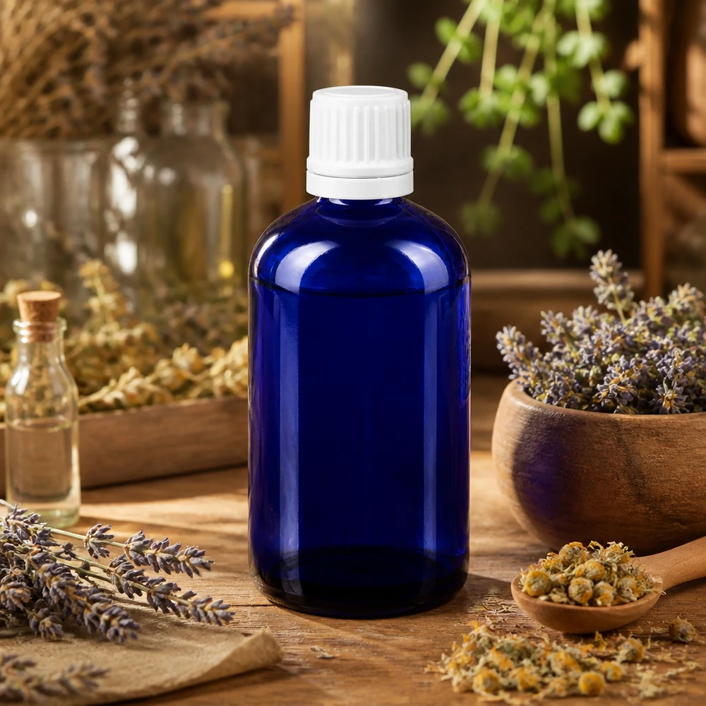 Apothekenflasche blau 100ml Tropfverschluss 1.2mm weiß Originalitätsverschluss Präzisions-Tropfflasche 100ml in Blauglas mit 0,7mm Einsatz neben Lavendel und Holzmörser