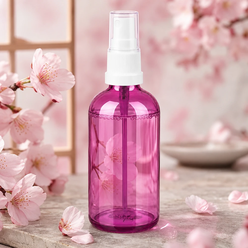 Durchsichtige 100ml Pumpflasche in Violett mit präzisem Sprühsystem für Aromatherapie