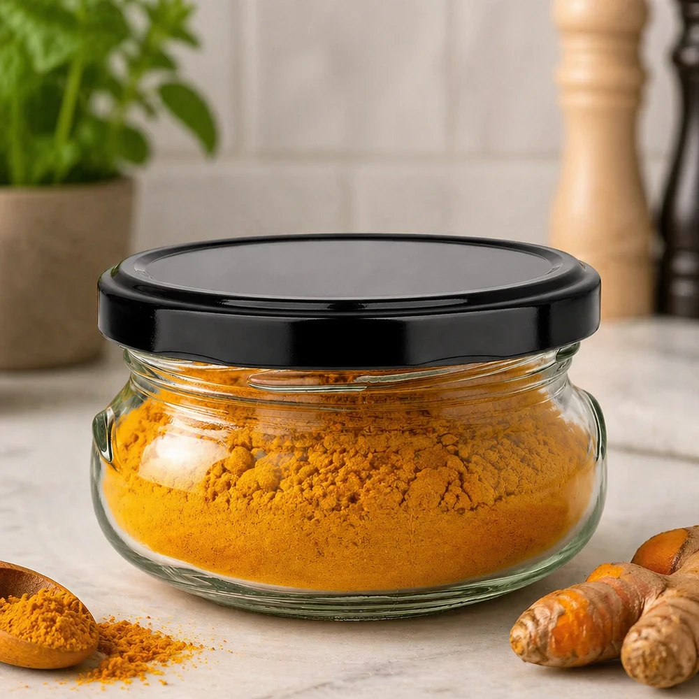 120ml Terrinenglas gefüllt mit gelbem Kurkumapulver, schwarzer Deckel, Küchenambiente mit frischen Kurkumawurzeln