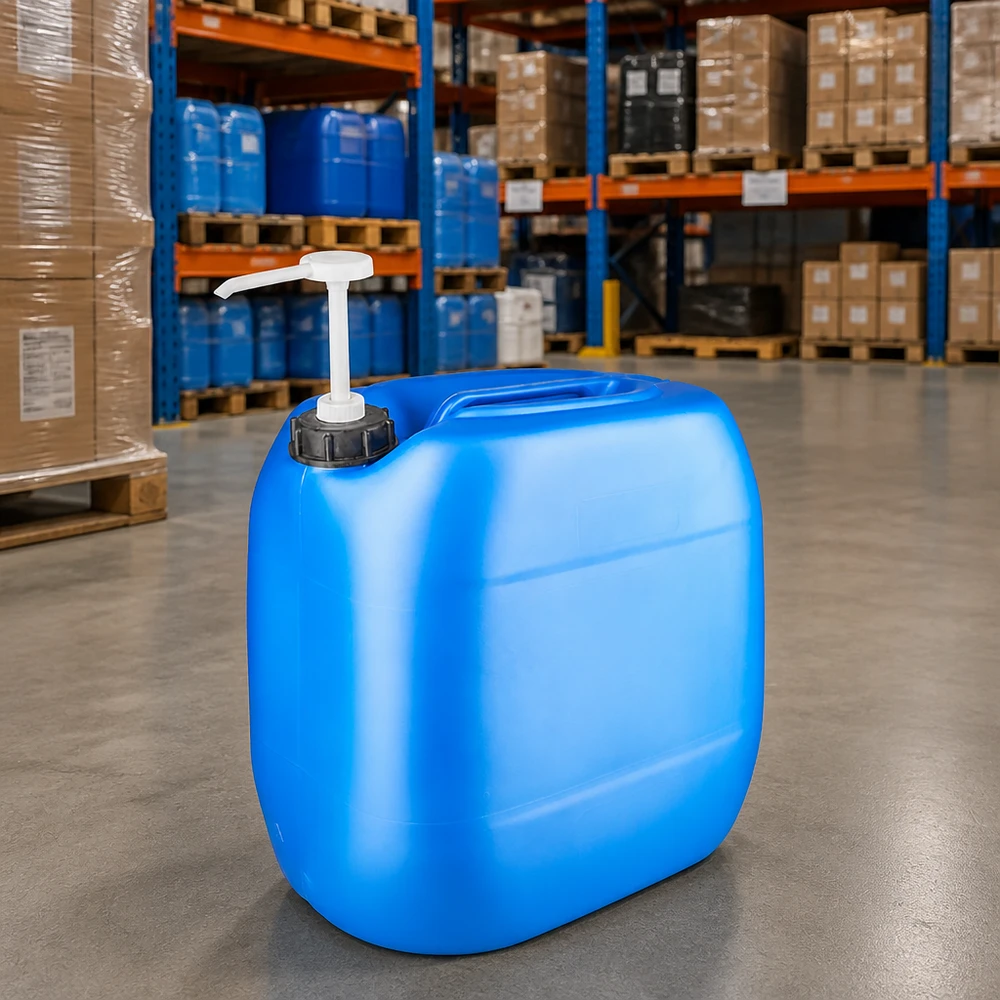 Kanister 30 Liter blau mit Dosierpumpe Flacher rechteckiger Kanister 30 Liter Blau mit Pumpverschluss im Lagerhaus
