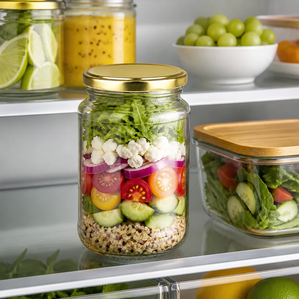 Transparentes 320ml UNiTWIST Rundglas mit goldenen Twist-Off Deckel für Salataufbewahrung im Kühlschrank