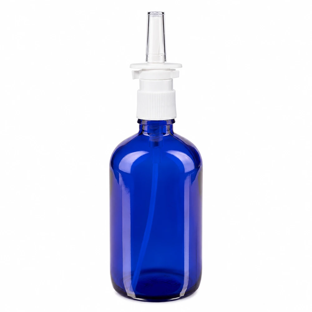 Apothekenflasche blau 100ml Nasenzerstäuber weiß Standard Medizinische Nasensprayflasche 100ml blaues Apothekerglas mit transparentem Nasalaufsatz
