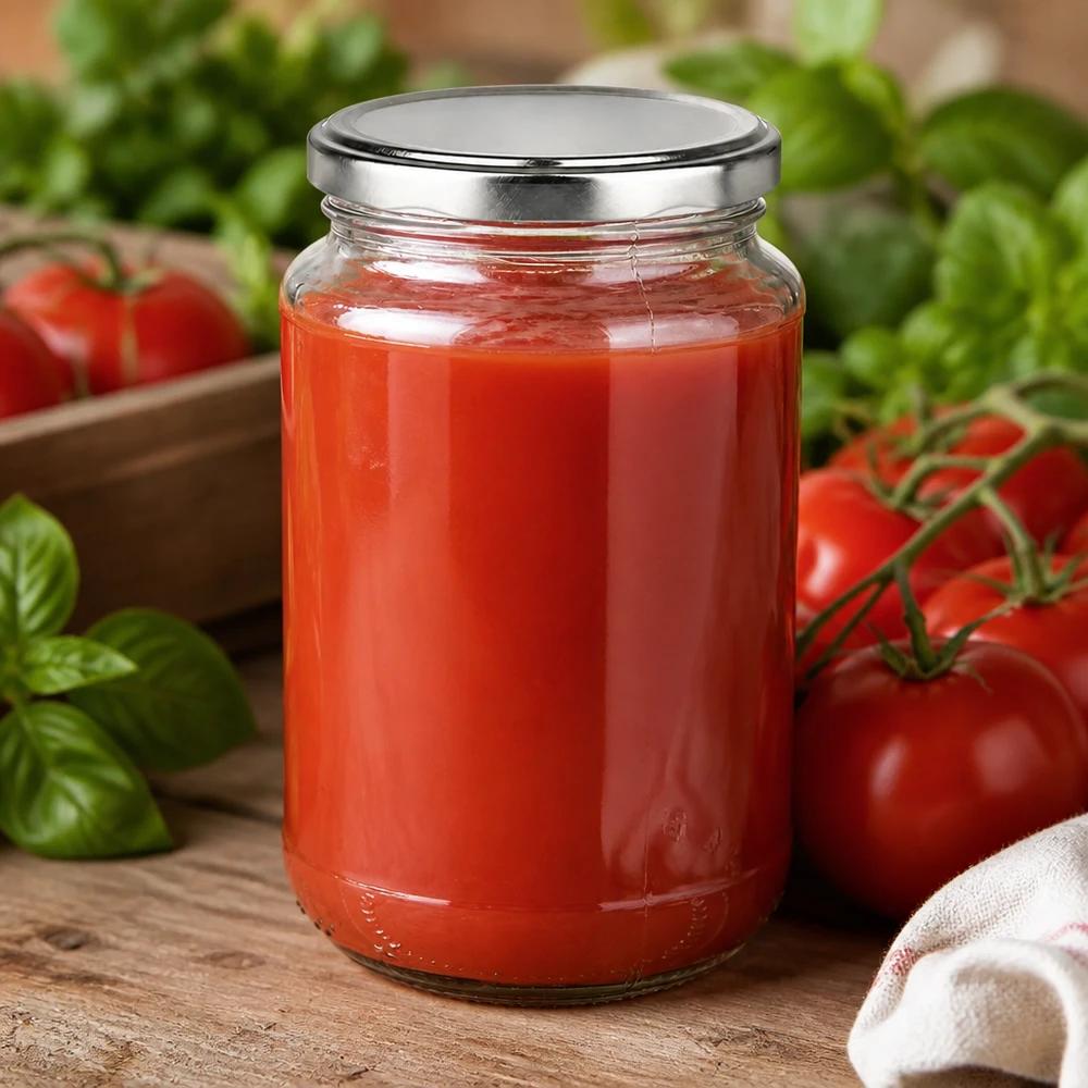 Luftdicht verschlossenes 320ml Rundglas UniTwist BasicSeal silber mit sämiger roter Tomatensoße