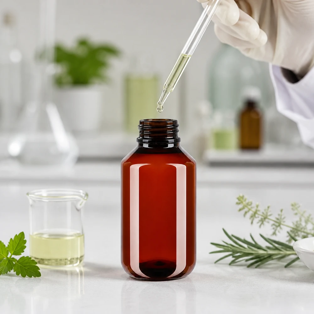 Kompakte bernsteinfarbene PET flasche 100ml mit weißem OV für naturkosmetik