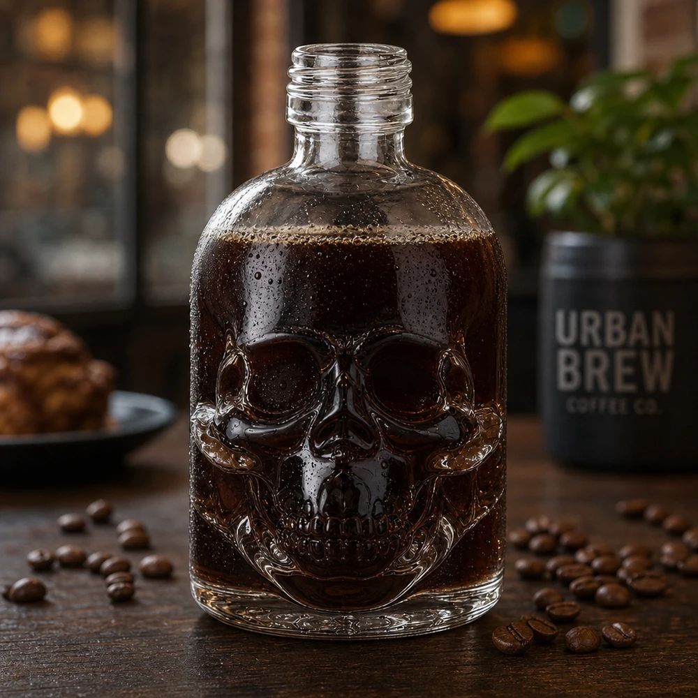 Totenkopf Glasflasche Hector 50ml mit Cold Brew Kaffee befüllt zwischen Kaffeebohnen UNiTWIST Glasware