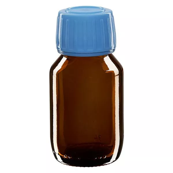 50ml Medizinflasche braun, Verschluss blau mit Originalitätsring ApoGlas 50ml Medizinflasche braun, Verschluss blau mit Originalitätsring ApoGlas