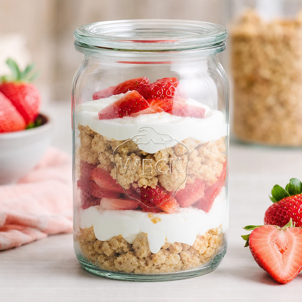 145ml Zylinderglas mit Glasdeckel WECK RR40 WECK 145ml Zylinderglas RR40 als Dessertglas mit Erdbeeren und Sahne Schichtdessert auf weißer Küchenarbeitsplatte