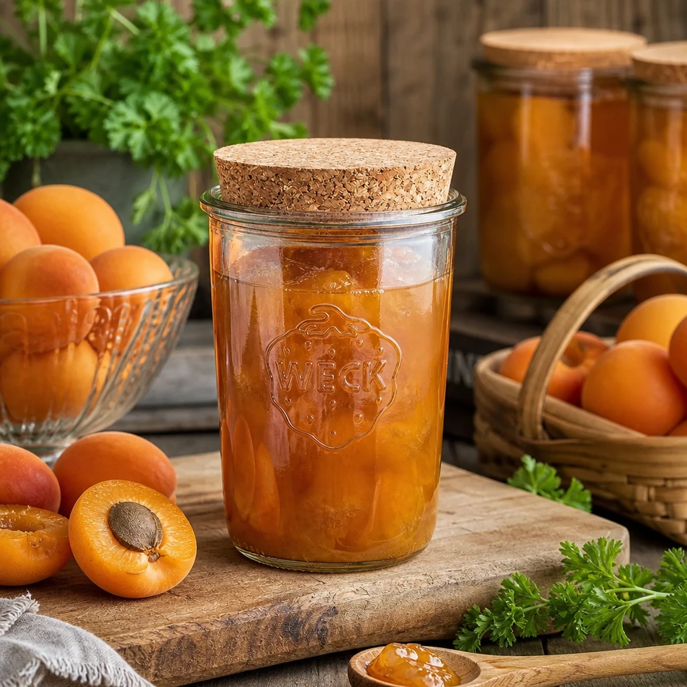 WECK RR100 850ml Sturzglas mit Korken gefüllt mit Aprikosenmarmelade neben frischen Aprikosen auf Holztisch