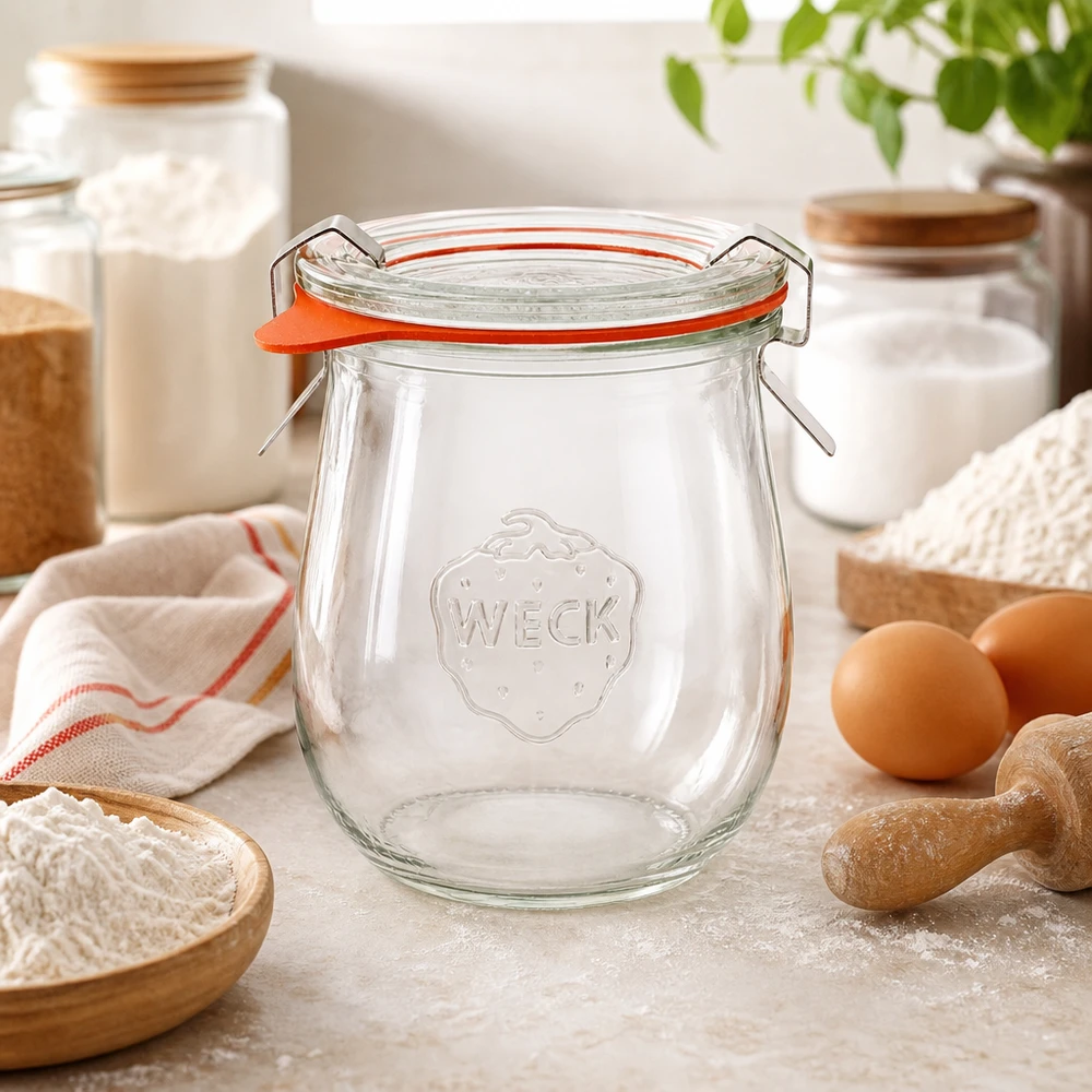 220ml Tulpenglas komplett WECK RR60 WECK Tulpenglas 220ml RR60 in Backstube mit Mehl Eiern und Küchenutensilien Einmachglas für Backzutaten