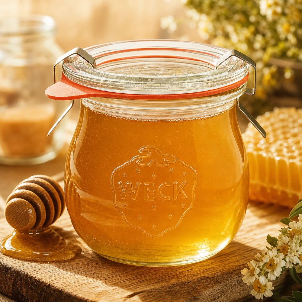 WECK Tulpenglas 75ml mit Honig befüllt und Wabenhonig auf Holzbrett mit Blüten in warmer Küchen-Atmosphäre
