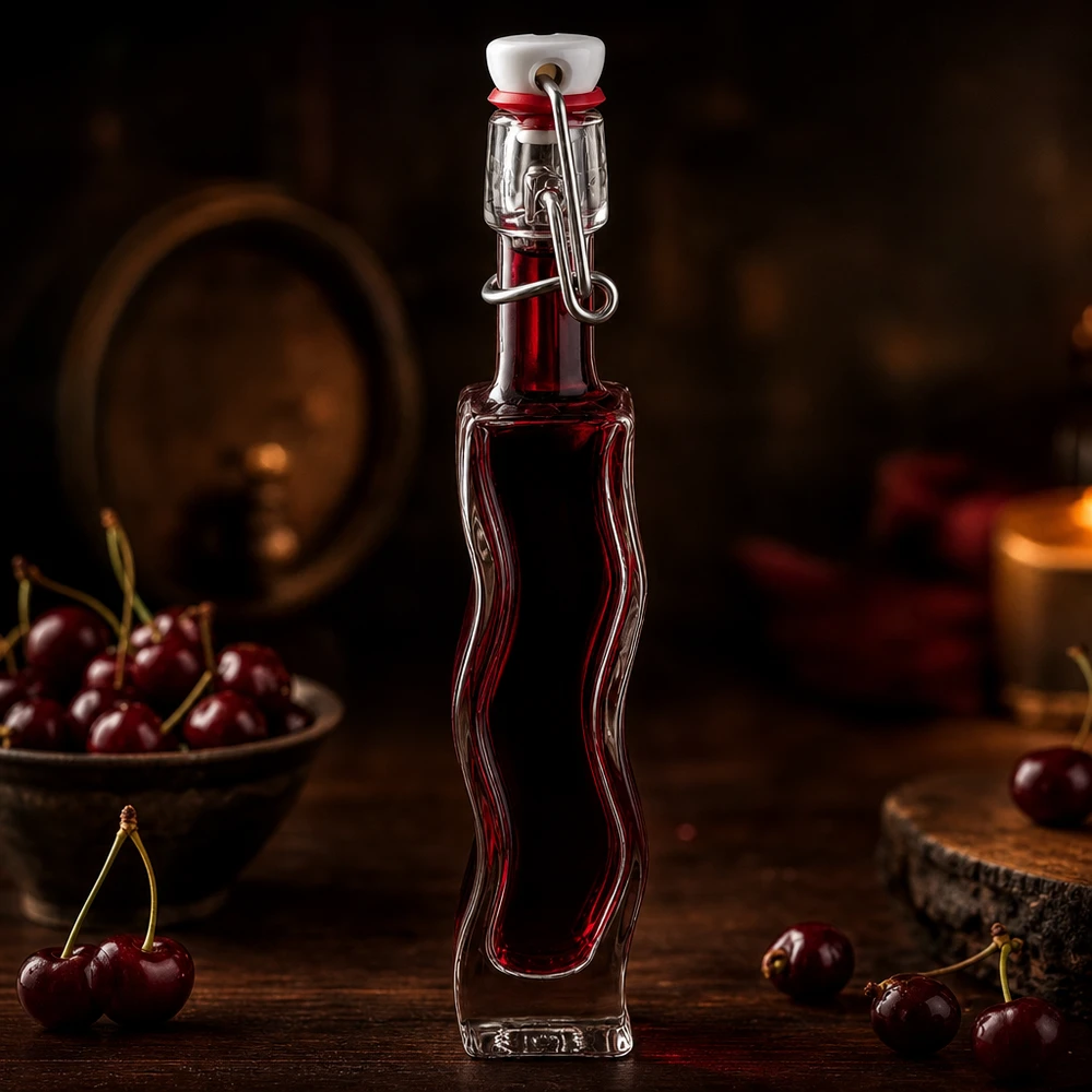 40ml Glasflasche "Anna" mit PVC Bügelverschluss UNiTWIST 40ml Glasflasche Anna mit dunkelroter Kirschflüssigkeit in rustikalem Weinkeller-Ambiente mit frischen Kirschen