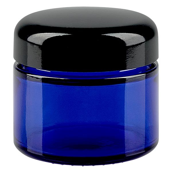 50ml Glastiegel. royalblau, mit schwarzem Bakelit ApoGlas 50ml Glastiegel. royalblau, mit schwarzem Bakelit ApoGlas