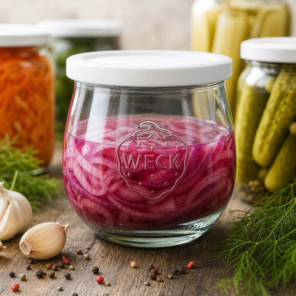 370ml Tulpenglas mit Frischedeckel WECK RR80 WECK Tulpenglas 370ml RR80 mit eingelegtem roten Kraut neben Knoblauch, Pfefferkörnern und weiteren Einmachgläsern