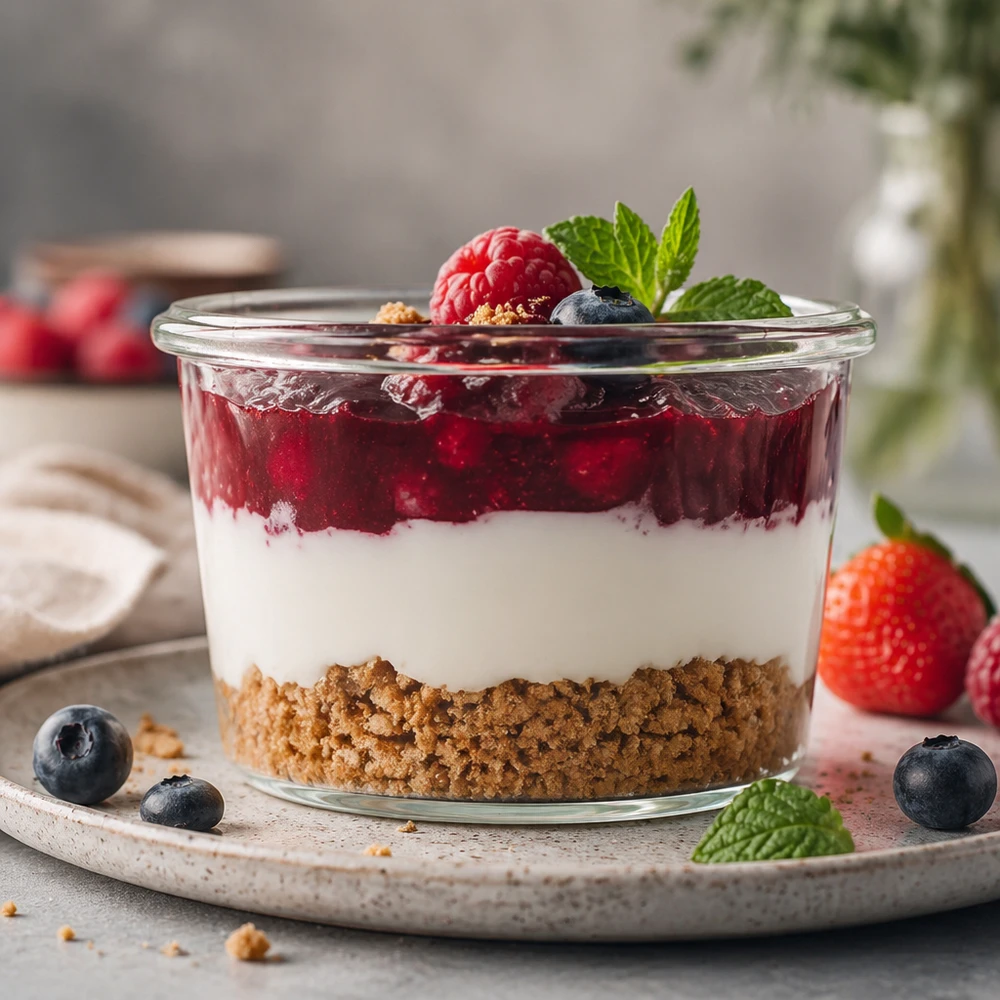 35ml Sturzglas WECK RR40 WECK Sturzglas 35ml mit Schichtdessert aus Keksboden weißer Creme und Beerenkompott garniert mit Minze