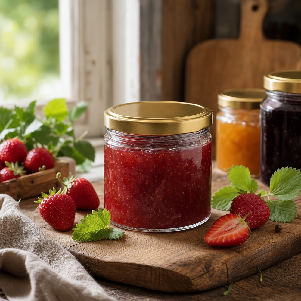 540ml Rundglas mit BasicSeal Deckel gold gefüllt mit Erdbeermarmelade auf Holzbrett mit frischen Erdbeeren