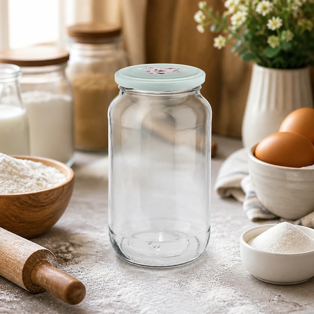 1062ml Rundglas + BasicSeal Deckel Herz mint UNiTWIST Leeres 1062ml Rundglas mit mintgrünem Herz-Deckel auf Küchenarbeitsplatte zwischen Backzutaten und Küchenutensilien