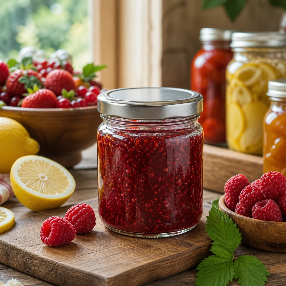 212ml Rundglas mit silbernem Deckel gefüllt mit roter Marmelade umgeben von frischen Beeren und Zitronen