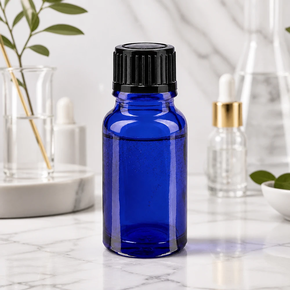 Dunkelblaue 10ml Glasflasche mit schwarzem Schraubdeckel für lichtempfindliche Substanzen