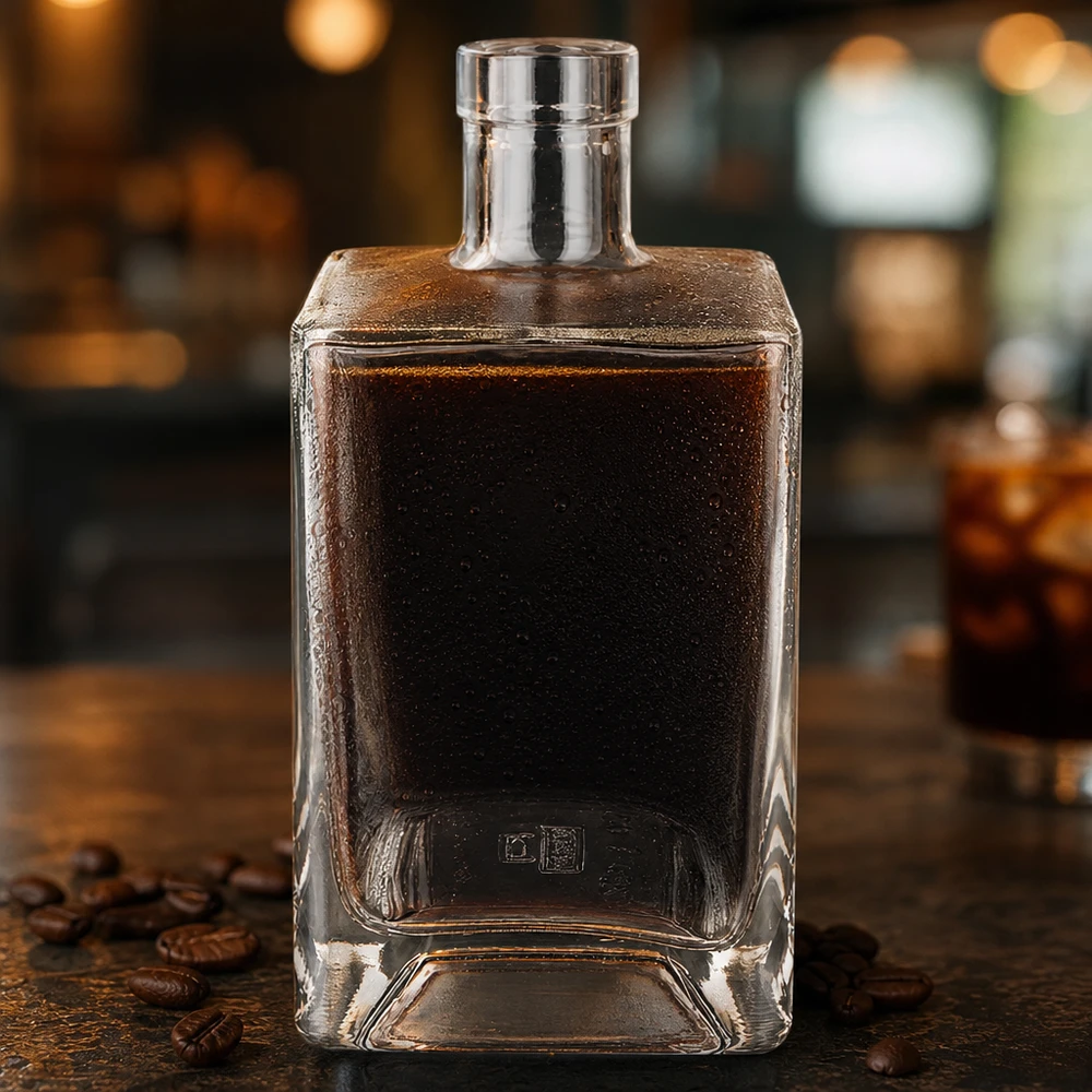 700ml Glasflasche "Gali" ohne Verschluss UNiTWIST® 700ml Glasflasche Ben mit dunklem Kaffeelikör befüllt auf rustikalem Holztisch mit Kaffeebohnen Bar-Atmosphäre