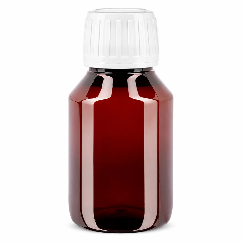PET Flasche 50ml mit weißem Standard Originalitätsverschluss Apothekenflasche 50ml aus braunem PET Kunststoff mit weißem Standardverschluss