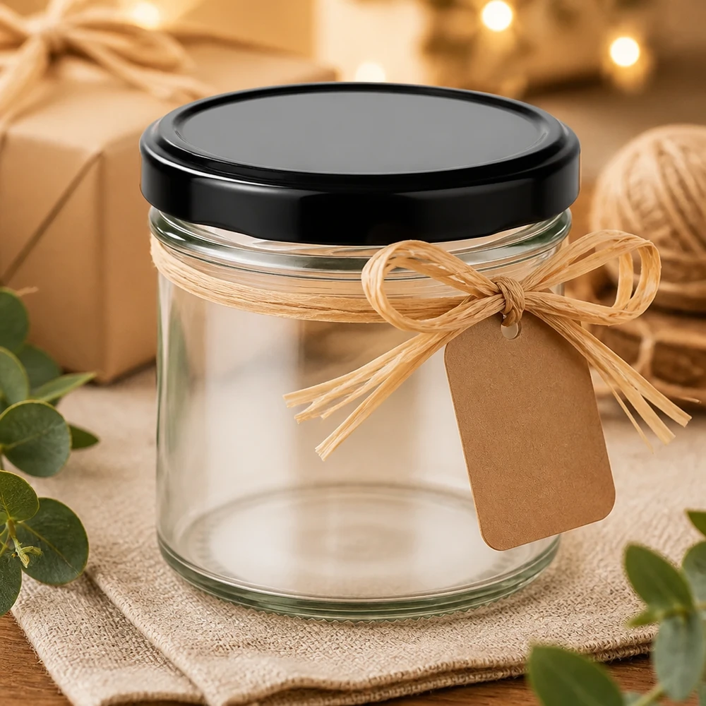 Transparentes 125ml Sturzglas mit Lichterketten Bokeh Geschenkdeko schwarzer Deckel UNiTWIST
