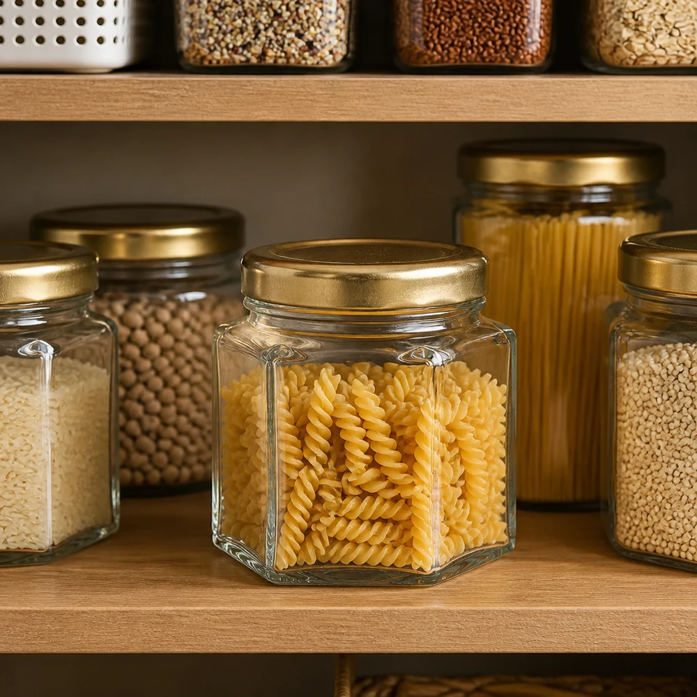 Organisierter Vorratsschrank mit kleinen UNiTWIST Hexagläsern 47ml Golddeckel Pasta Hülsenfrüchte