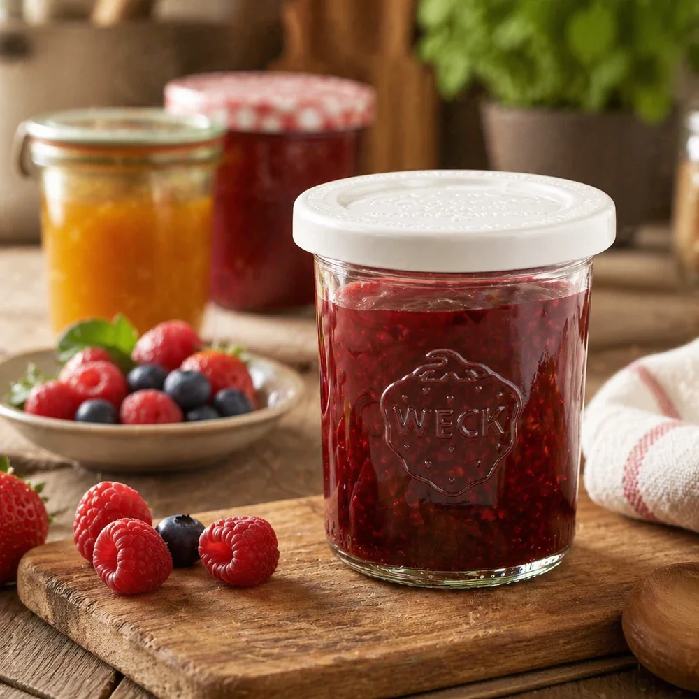 160ml Sturzglas mit Frischedeckel WECK RR60 WECK Sturzglas 160ml RR60 mit roter Beerenmarmelade gefüllt auf Holzbrett neben frischen Himbeeren und Blaubeeren