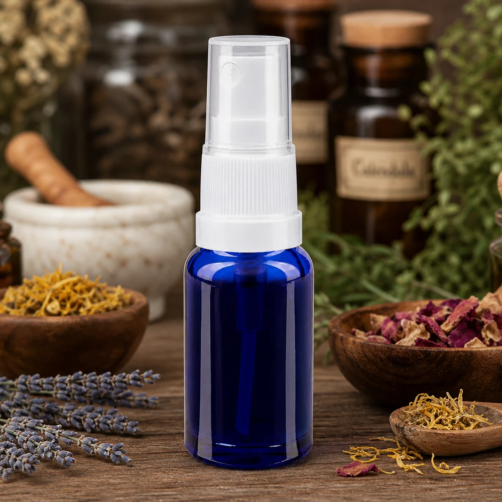 Apothekenflasche blau 10ml Sprayaufsatz weiß Apothekerflasche 10ml in Blau mit Feinstaubzerstäuber für Toner Hydrolate und Pflanzenwasser
