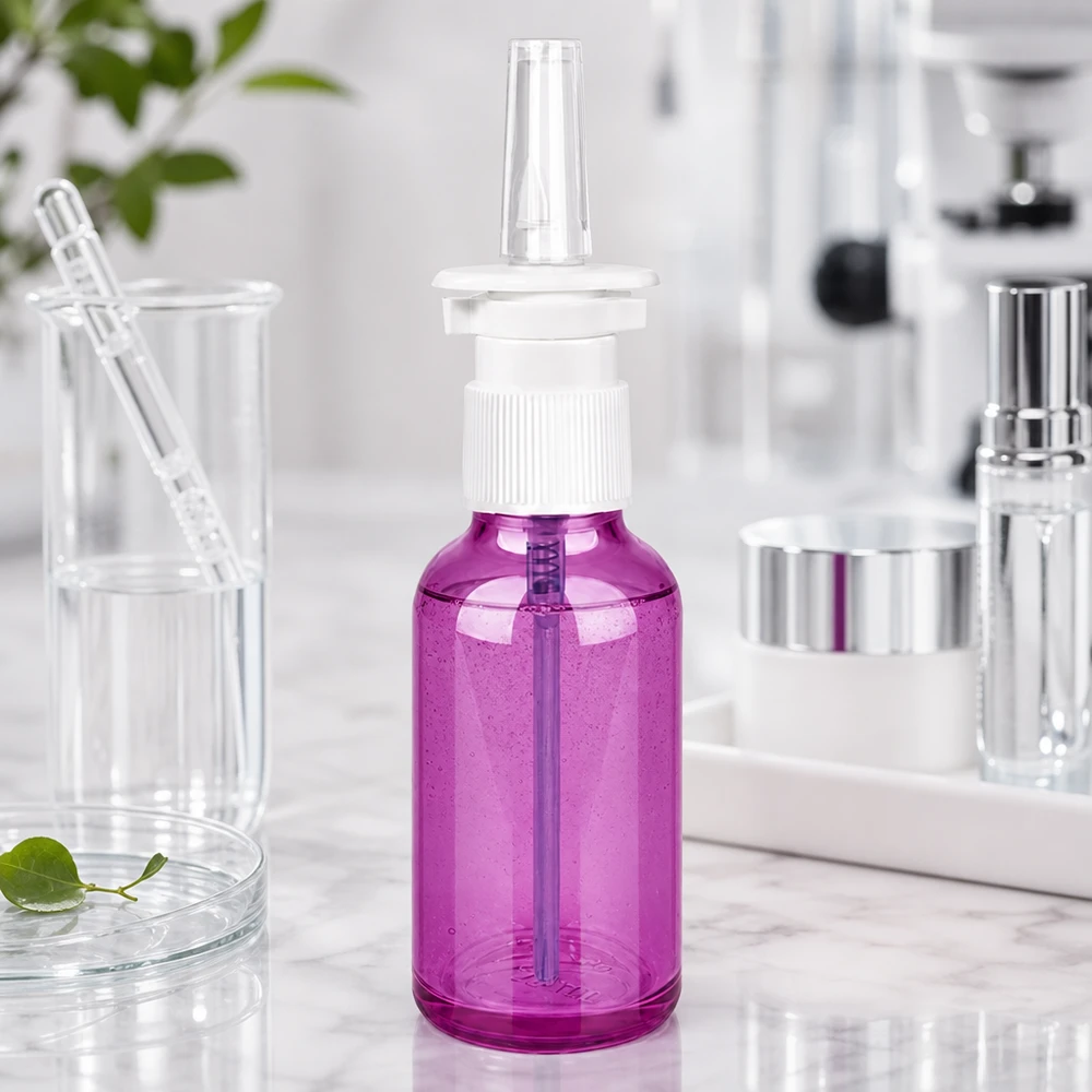 Ergonomische Nasensprayflasche 30ml Inhalt mit praktischem weißem Sprühaufsatz in trendigem Purple-Finish