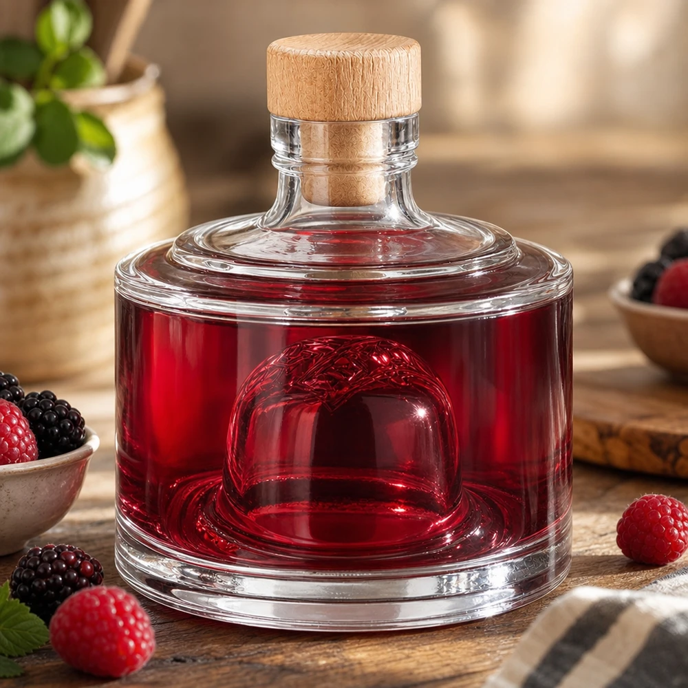 200ml Glasflasche "Barbara" mit Holzgriff-Korken UNiTWIST 200ml Glasflasche Barbara mit Beerensaft gefüllt umgeben von frischen Himbeeren und Brombeeren rustikale Küchendeko