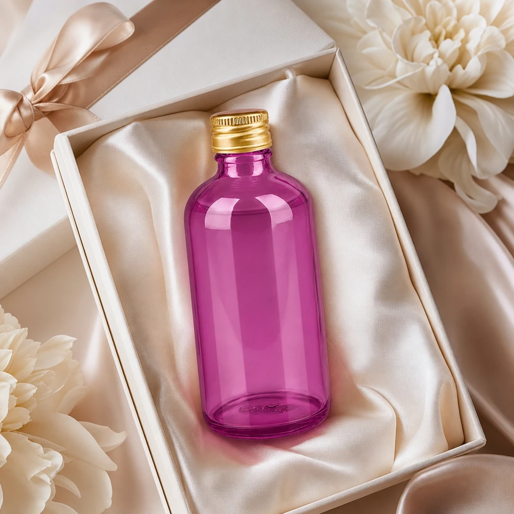 Kleine 100ml Glasflasche in Purple mit festem Verschluss ideal für Reise und unterwegs