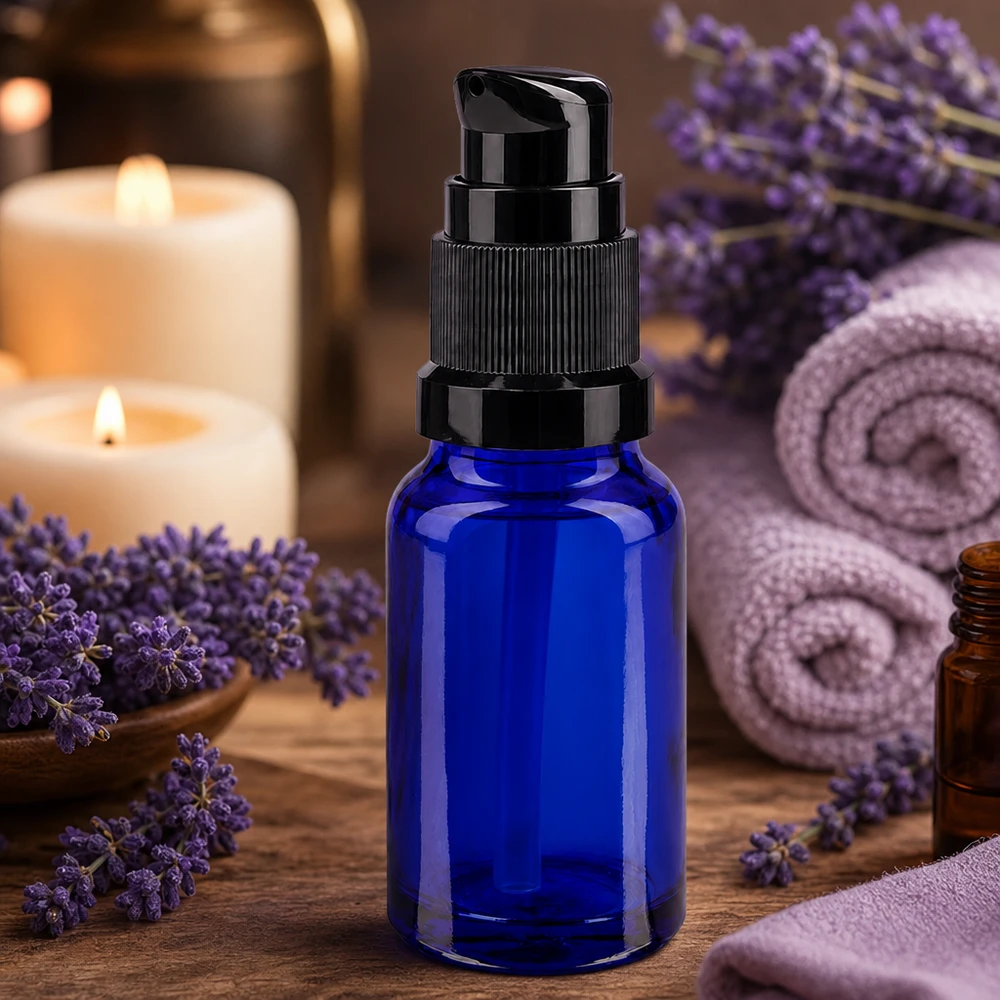 UV-schützendes blaues Glasfläschchen 10ml mit schwarzer Pumpe für Naturkosmetik