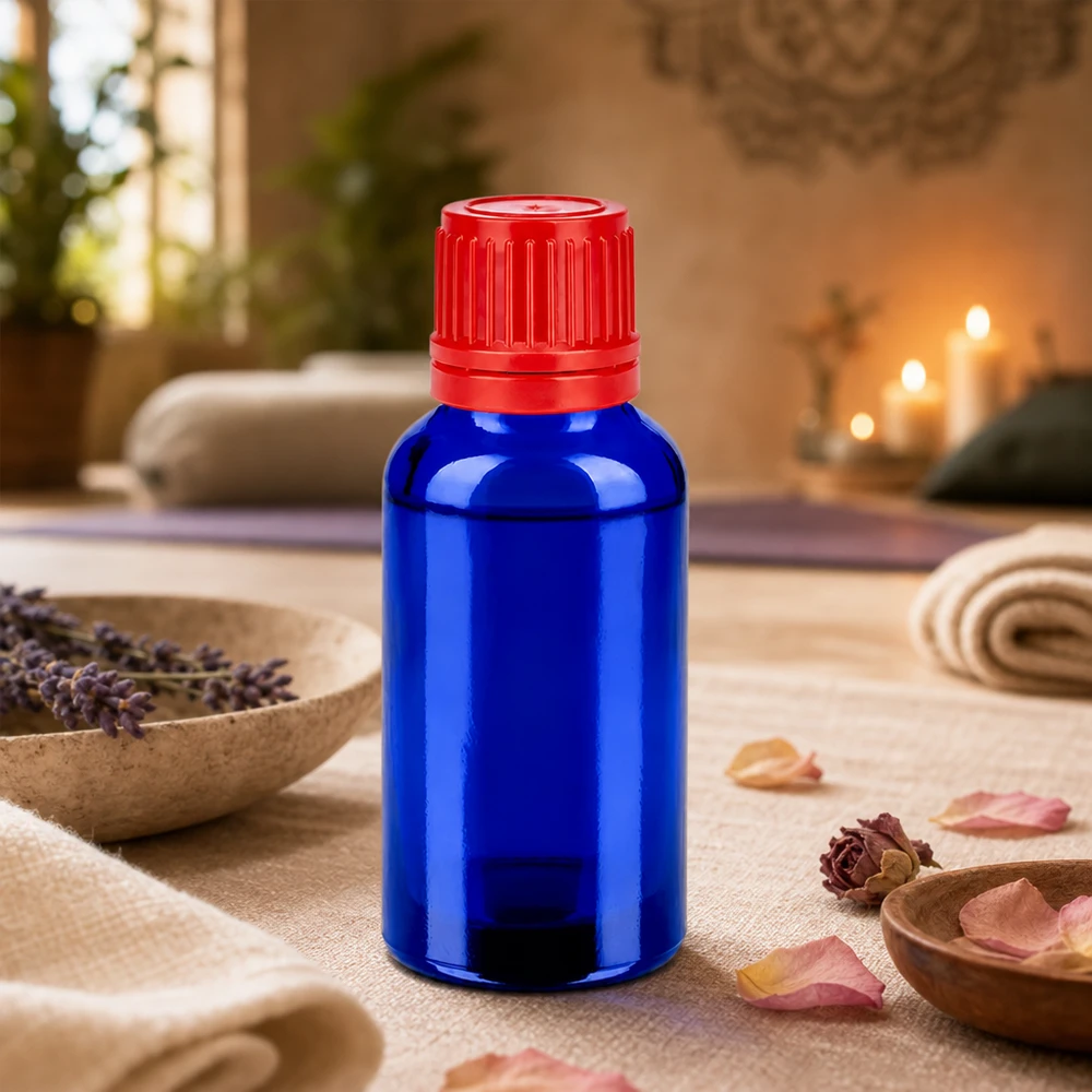 30ml Flasche 11mm Schraubverschluss rot Originalitätsverschluss BlueLine UT18/30 Lichtschützende blaue 30ml Flasche mit rotem Sicherheitsverschluss für empfindliche Substanzen