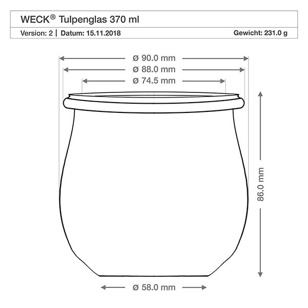 370ml Tulpenglas WECK RR80 mit Korken natur WECK Tulpenglas 370ml RR80 technische Zeichnung mit Maßangaben Durchmesser Höhe Gewicht Spezifikationen