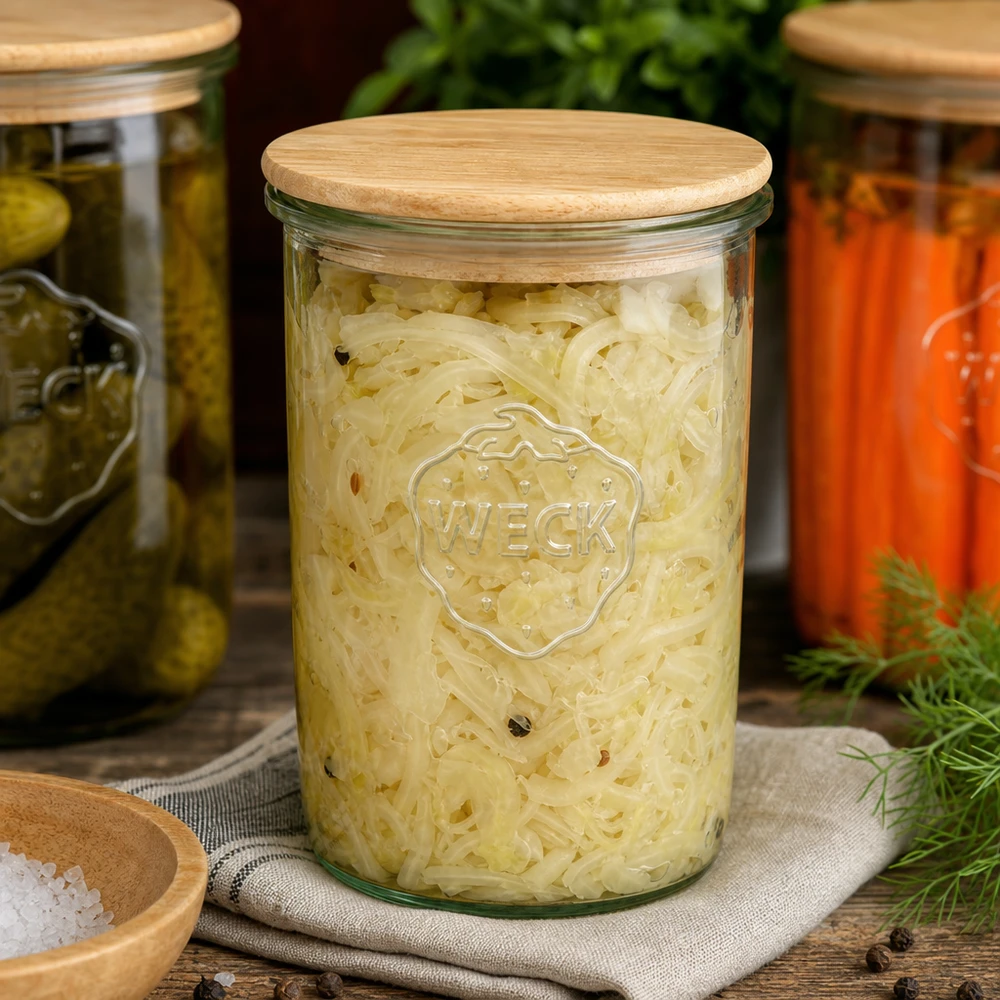 1000ml Sturzglas WECK RR100 mit Holzdeckel WECK Einmachglas 1000ml mit Sauerkraut befüllt und Holzdeckel neben eingelegten Gurken und Karotten Fermentation