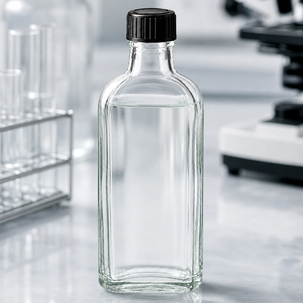 Flachflasche 100ml aus Klarglas mit schwarzem Schraubdeckel und LKD-Dichtscheibe für Chemikalien