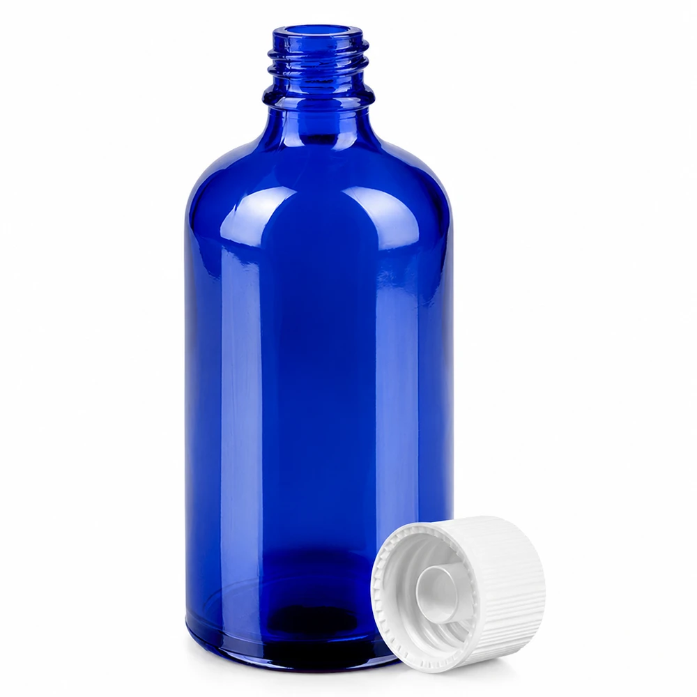 Stilvolle kobaltblaue 100ml Glasflasche mit weißem Schraubverschluss für DIY Kosmetikherstellung