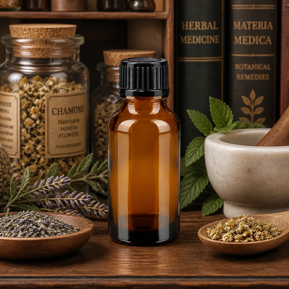 Lichtschutzflasche 20ml aus Apothekerglas mit 1mm Tropfer zwischen Lavendel und Minzblättern