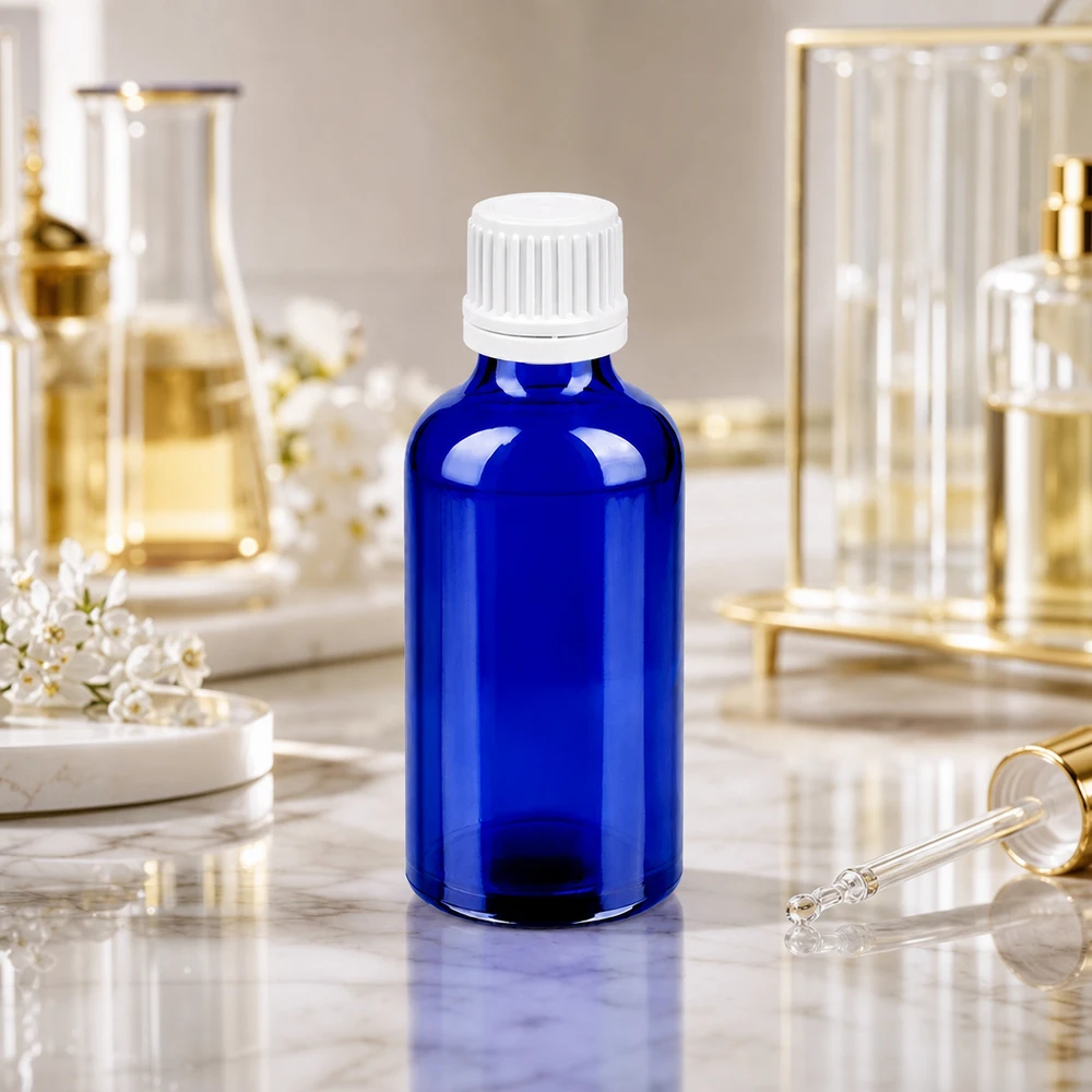 Medizinische 50ml Glasflasche mit UV-Schutz und kindersicherem weißen Deckel