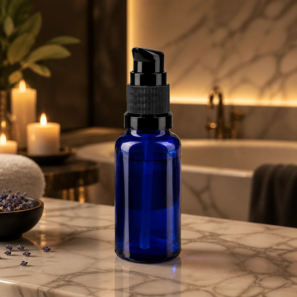 Schlanke kobaltblaue Serumflasche 20ml mit Pumpverschluss in luxuriösem Spa-Setting