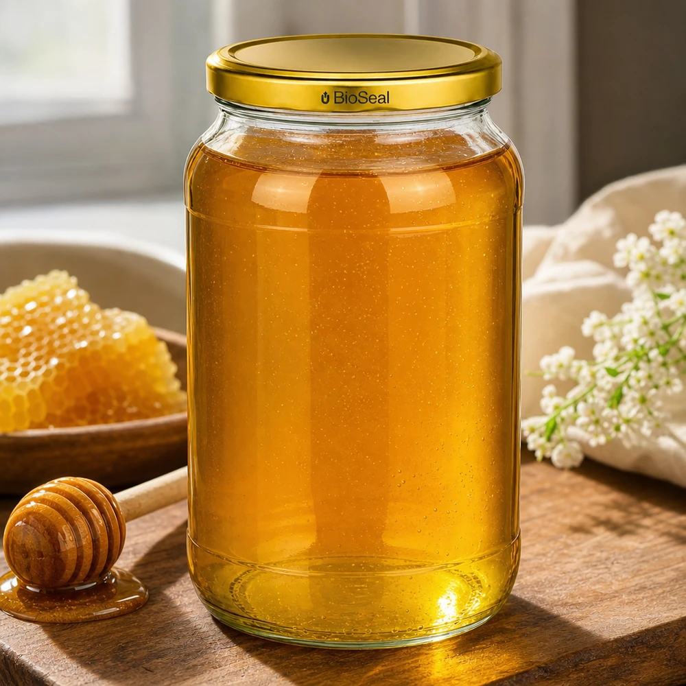 UNiTWIST Runda1062 Honigglas gefüllt mit goldenem Honig TO82 BioSeal Deckel Holzbrett Bienenwaben Imkerei