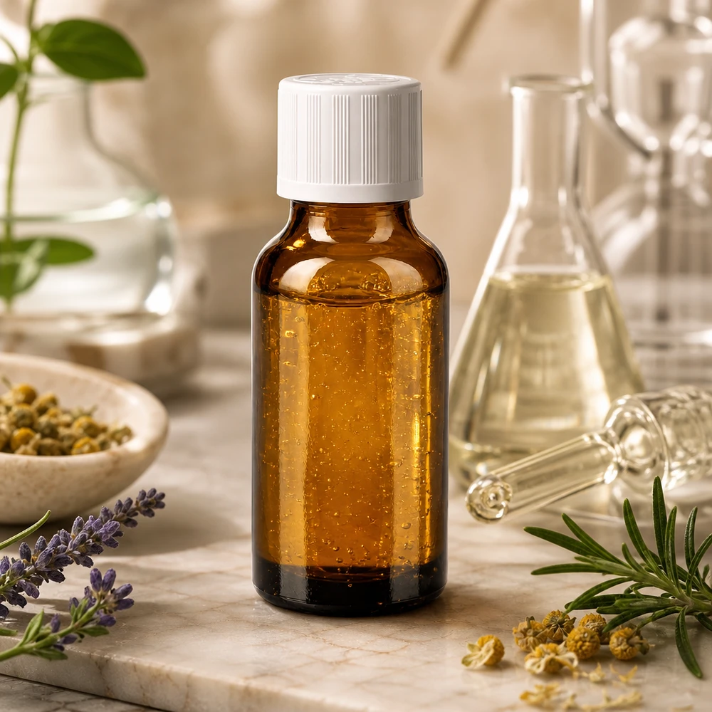 Apothekenflasche braun 20ml Schraubverschluss weiß Kindersicherung Standard Kompakte Apothekerflasche 20ml brauner Glas UV-Schutz weißer Verschluss neben Laborkolben und Lavendel