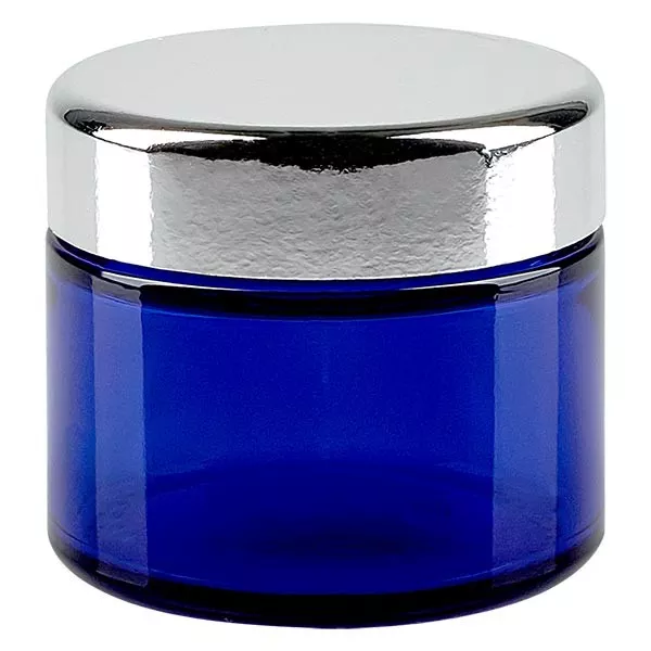 50ml Glastiegel. royalblau, mit silbernem MeD.. ApoGlas 50ml Glastiegel. royalblau, mit silbernem MeD.. ApoGlas