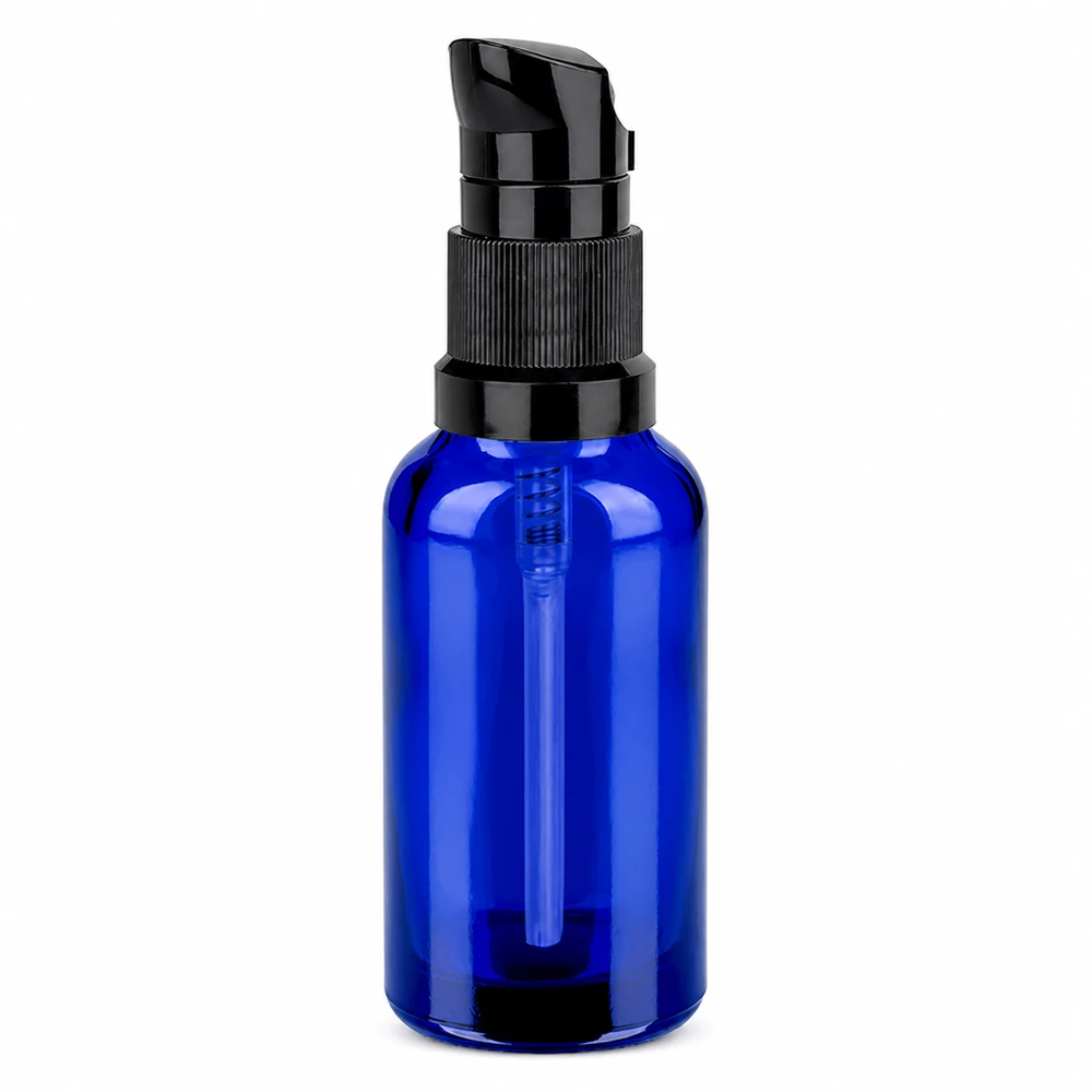 30ml Pumpflasche schwarz Standardverschluss BlueLine UT18/30 Premium Pumpspender 30ml blaue Glasflasche mit schwarzer Pumpe für flüssige Kosmetika