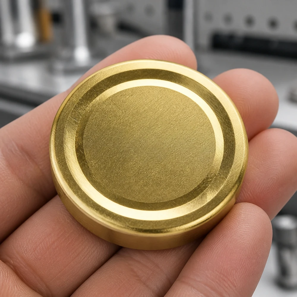 58mm BasicSeal Deckel gold (TO58deep) UNiTWIST Tiefgezogener Twist-Off Verschluss 58mm gold BasicSeal UNiTWIST Größenvergleich Hand