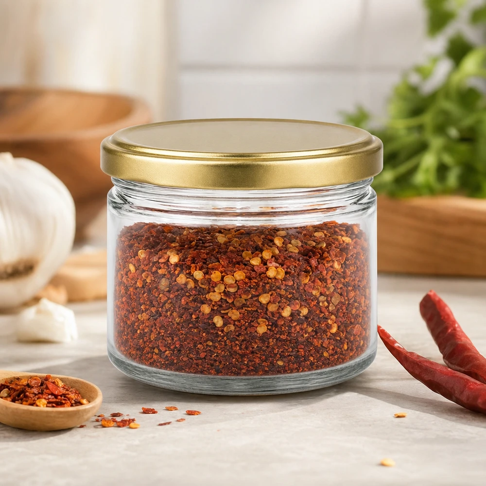 700g Honigglas mit goldenem Deckel BasicSeal UNiTWIST 700g Honigglas BasicSeal mit goldenem Deckel gefüllt mit Chili-Gewürzmischung neben getrockneten Chilischoten