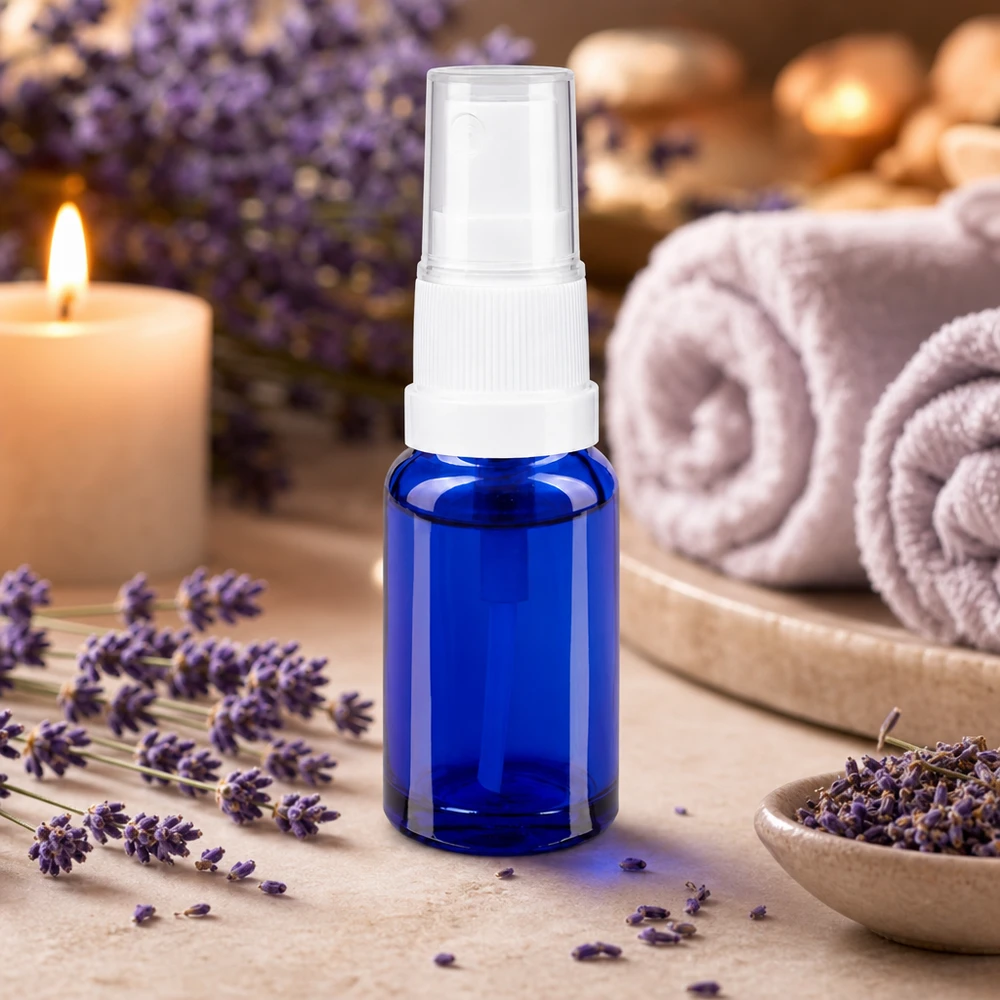 Apothekenflasche blau 10ml Sprayaufsatz weiß Lichtschutz-Sprühflasche in Blau 10ml mit weißem Pumpkopf ideal für Lavendelhydrolate und Gesichtswasser