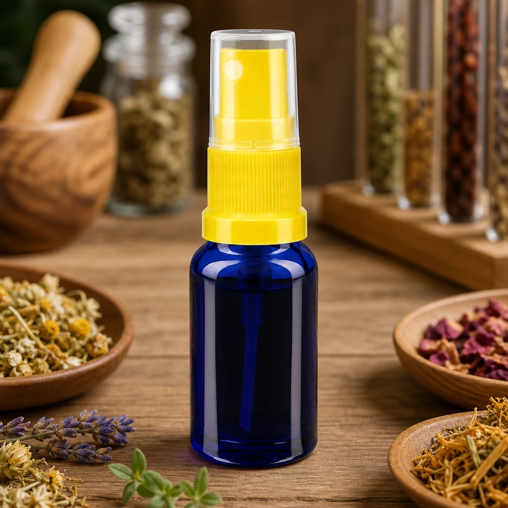Apothekenflasche blau 10ml Sprayaufsatz gelb Apothekenglas 10ml in Blau mit gelbem Sprühkopf lichtgeschützt für empfindliche Naturprodukte