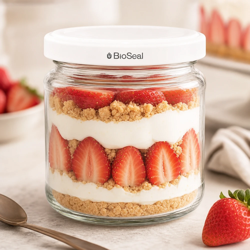 UNiTWIST Runda212 Dessertglas mit Erdbeeren Sahne und Streuseln zeigt vielseitige Verwendung des TO66 BioSeal Deckels